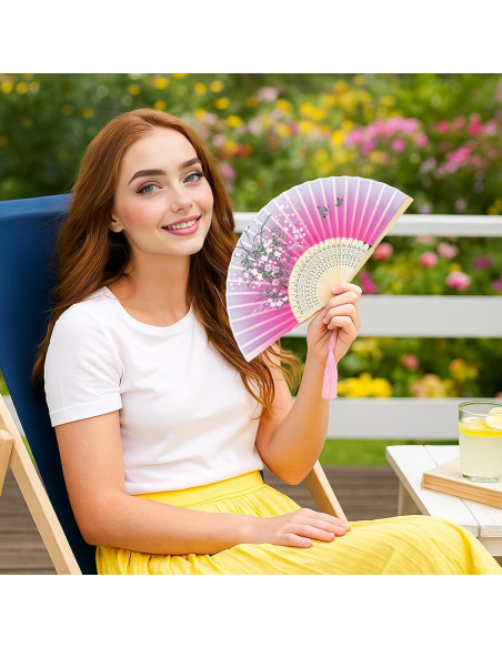 Abanico Plegable Floral de Bambú y Poliéster 37 cm - Skrfren