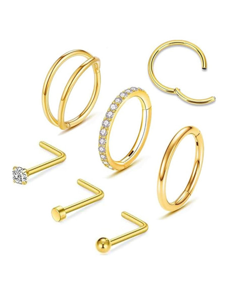 6 Aros Nasales 316L Acero Quirúrgico Oro 8mm para Mujeres