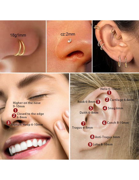 6 Aros Nasales 316L Acero Quirúrgico Oro 8mm para Mujeres