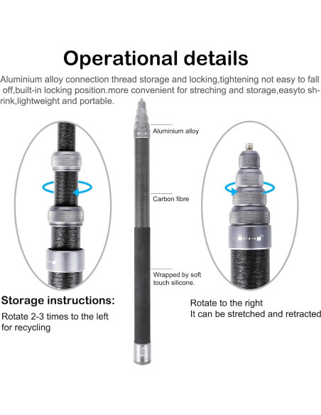 Palo de Selfie PellKing 3m Fibra de Carbono + Trípode 29cm Aluminio