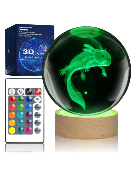 Luz Nocturna Axolote K9 3D 8 cm con Control Remoto y Base de Madera
