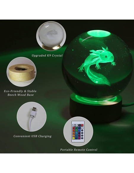 Luz Nocturna Axolote K9 3D 8 cm con Control Remoto y Base de Madera