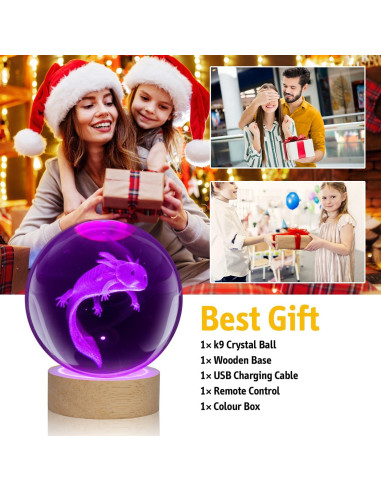 Luz Nocturna Axolote K9 3D 8 cm con Control Remoto y Base de Madera
