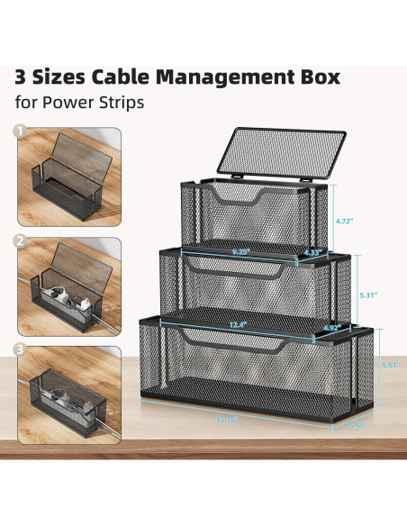Caja de Gestión de Cables Marbrasse 3 Piezas Negra - Organizador