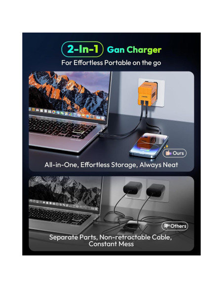 Cargador 2 en 1 AWROSE con Carga Rápida y Cables Retráctiles