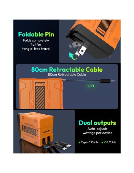 Cargador 2 en 1 AWROSE con Carga Rápida y Cables Retráctiles