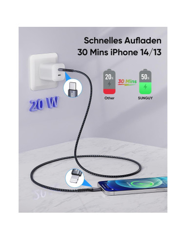 Cable USB-C a Lightning SUNGUY 0.5FT 2-Pack Carga Rápida MFi