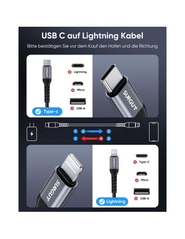Cable USB-C a Lightning SUNGUY 0.5FT 2-Pack Carga Rápida MFi