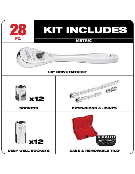 Juego de Carraca y Enchufes Milwaukee 28PC 1/4" Métrico