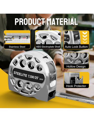 Cinta Métrica Retráctil STEELITE 7.5M Acero Inoxidable Plata