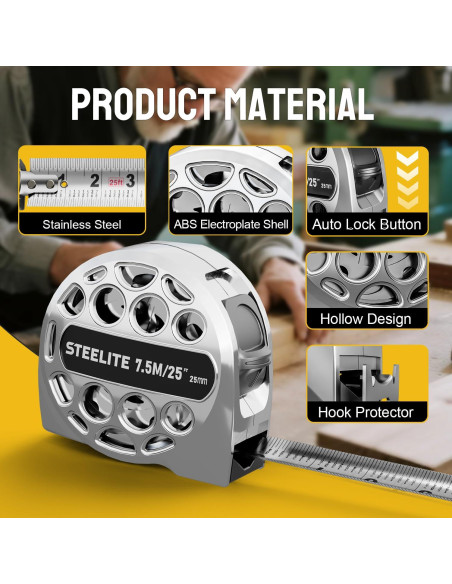 Cinta Métrica Retráctil STEELITE 7.5M Acero Inoxidable Plata