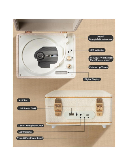 Reproductor de CD Portátil Tatyria Blanco con Bluetooth y Control Remoto