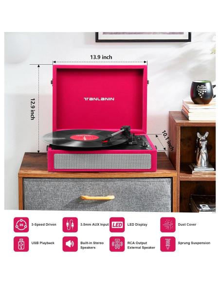 Reproductor de Vinilo Bluetooth TANLANIN TE-012RD 3 Velocidades