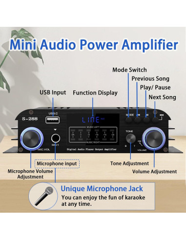 Amplificador Estéreo Bluetooth Eifotoric S288 4 Canales 50Wx4