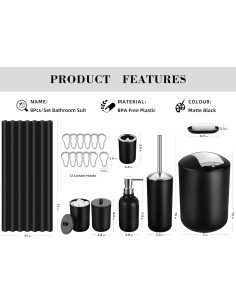 Juego de baño 20 piezas ALPIRIRAL negro con cortina y ganchos 2