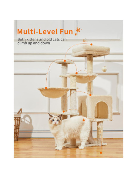 Árbol Gótico para Gatos Taoqimiao 100.6cm Beige con Hamacas