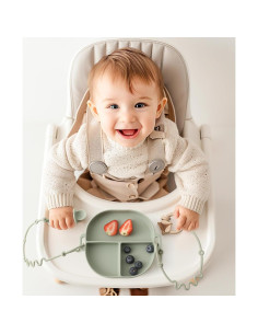 Plato de Silicona Andy Bear Azul Bebé con Ventosas y Cucharas 2