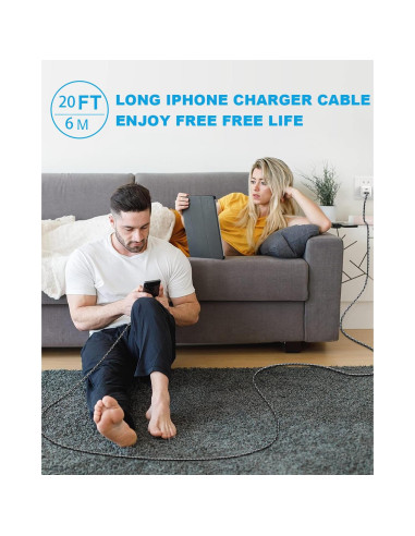 Cable de Carga Extra Largo 6m USB-C y Lightning 60W Negro