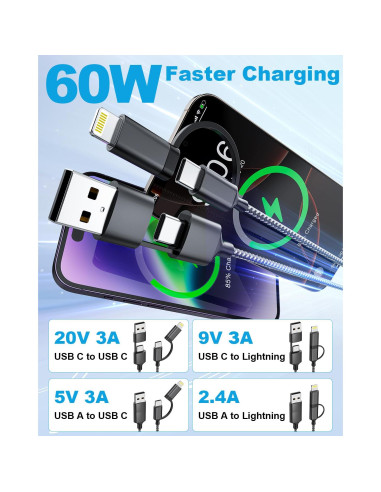 Cable de Carga Extra Largo 6m USB-C y Lightning 60W Negro