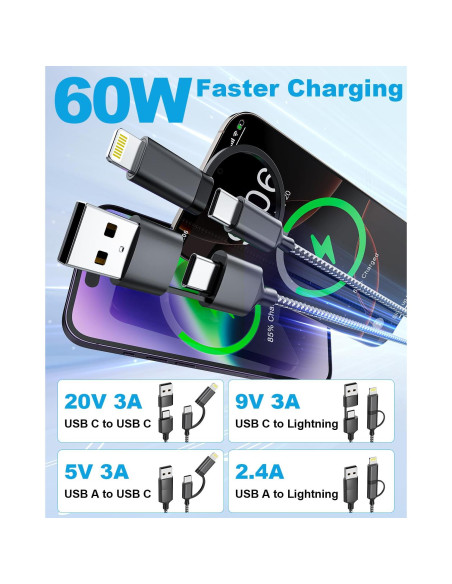 Cable de Carga Extra Largo 6m USB-C y Lightning 60W Negro