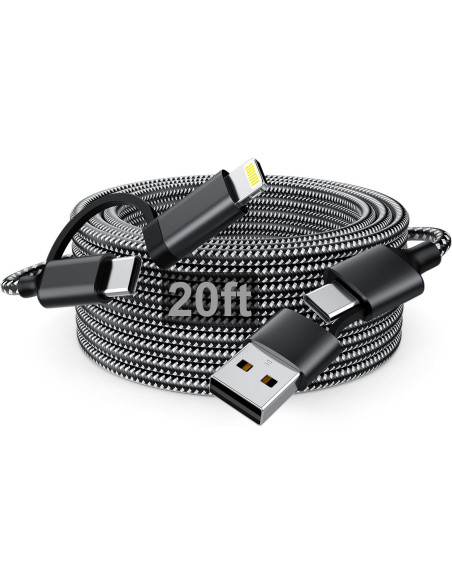 Cable de Carga Extra Largo 6m USB-C y Lightning 60W Negro