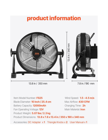 Ventilador de Piso Recargable VEVOR 10 Pulgadas Metal 12V