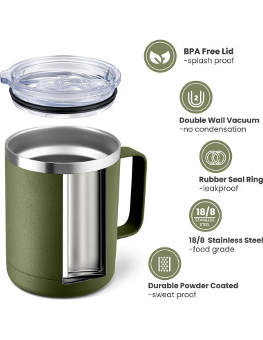 Taza de Café Aislada MEWAY 340g Verde Militar Doble Pared