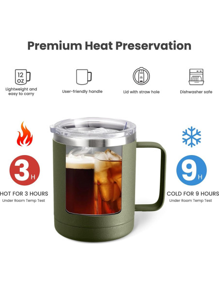 Taza de Café Aislada MEWAY 340g Verde Militar Doble Pared