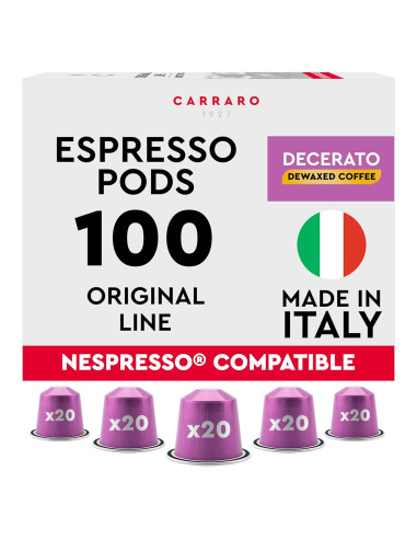 Cápsulas de Café CARRARO 1927 Decerato - 100 Unidades, Baja Acidez, Aroma Intenso, Compatibles Nespresso
