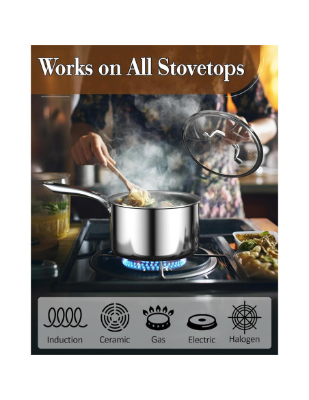 Cacerola de Acero Inoxidable Cook N Home 1.5L con Tapa de Vidrio