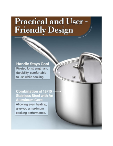 Cacerola de Acero Inoxidable Cook N Home 1.5L con Tapa de Vidrio