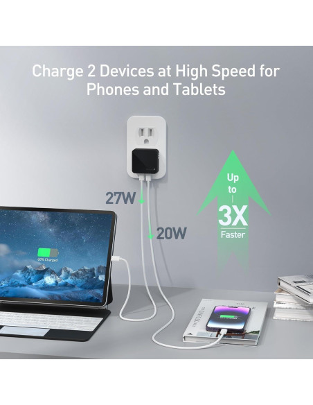 Cargador de pared USB C Nekmit 47W con 2 puertos - Negro