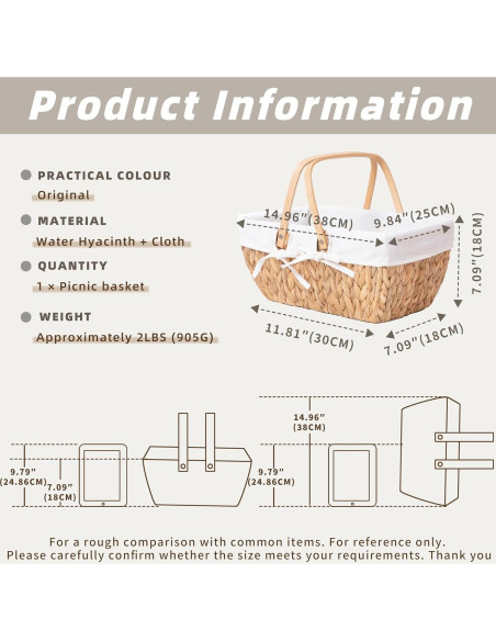 Cesta de Picnic GYASVWU de Jacinto de Agua 38x25x18cm