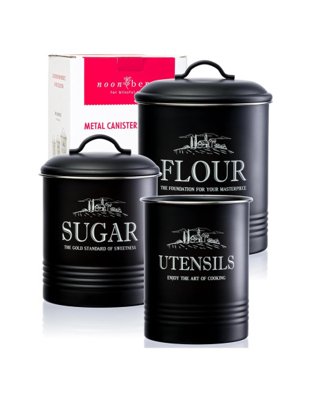 Juego de 3 Latas Negras Herméticas para Cocina - noonberry