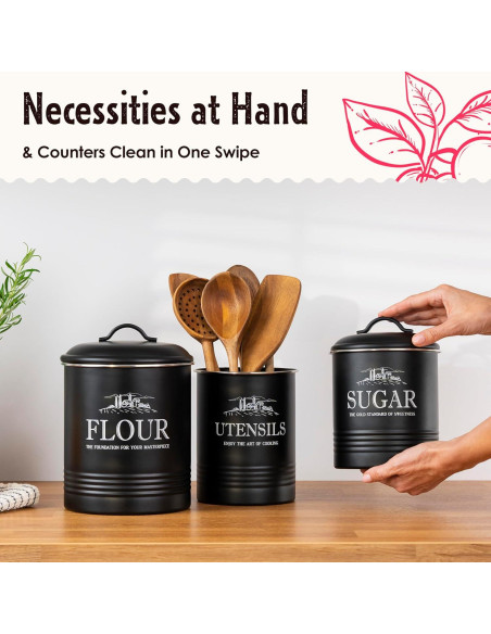 Juego de 3 Latas Negras Herméticas para Cocina - noonberry