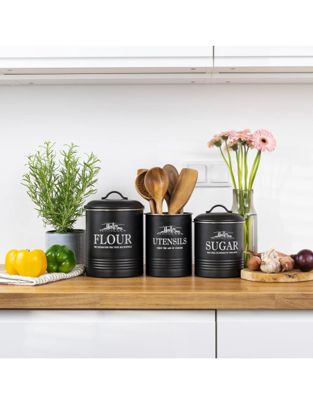Juego de 3 Latas Negras Herméticas para Cocina - noonberry