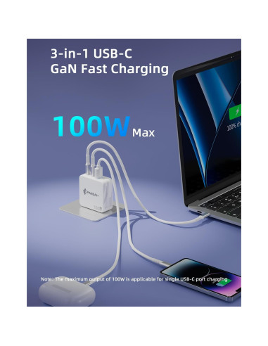 Cargador USB C 100W PAEBAI+ 3 Puertos Rápido Plegable