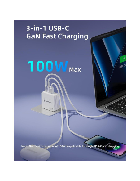 Cargador USB C 100W PAEBAI+ 3 Puertos Rápido Plegable