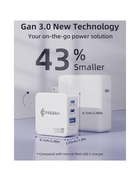 Cargador USB C 100W PAEBAI+ 3 Puertos Rápido Plegable