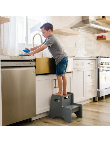 Taburete de Madera de Dos Pasos Wildkin - Gris, 38.7x33x35.8 cm