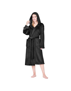 Bata de Forro Polar Negra para Mujer PAVILIA con Capucha
