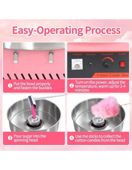 Máquina de Algodón de Azúcar OUKIDR 1050W Rosa con Tazón Inoxidable