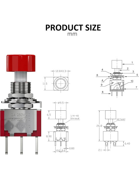 Interruptor de Botón Momentáneo 6 Pines DIYhz Rojo 3Pcs