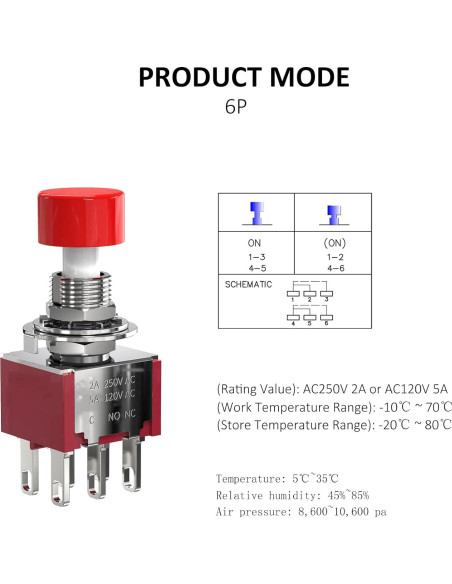 Interruptor de Botón Momentáneo 6 Pines DIYhz Rojo 3Pcs