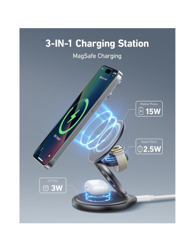 Estación de Carga Inalámbrica 3 en 1 Magsafe Autige para iPhone 15/14/13/12/11 Pro Max, Apple Watch y AirPods