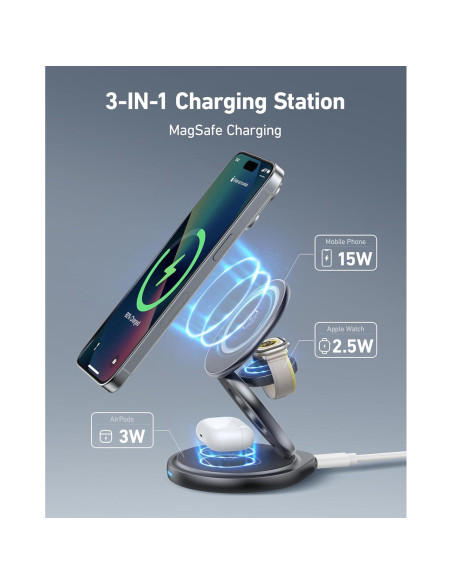 Estación de Carga Inalámbrica 3 en 1 Magsafe Autige para iPhone 15/14/13/12/11 Pro Max, Apple Watch y AirPods