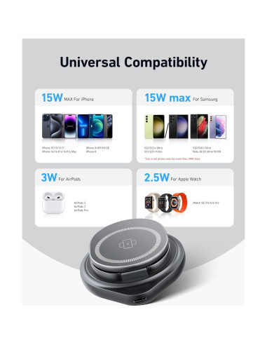 Estación de Carga Inalámbrica 3 en 1 Magsafe Autige para iPhone 15/14/13/12/11 Pro Max, Apple Watch y AirPods