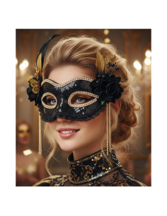 Máscara de Mascarada Negra con Plumas Doradas para Mujeres