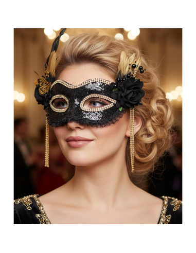 Máscara de Mascarada Negra con Plumas Doradas para Mujeres