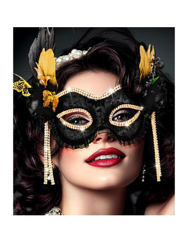 Máscara de Mascarada Negra con Plumas Doradas para Mujeres